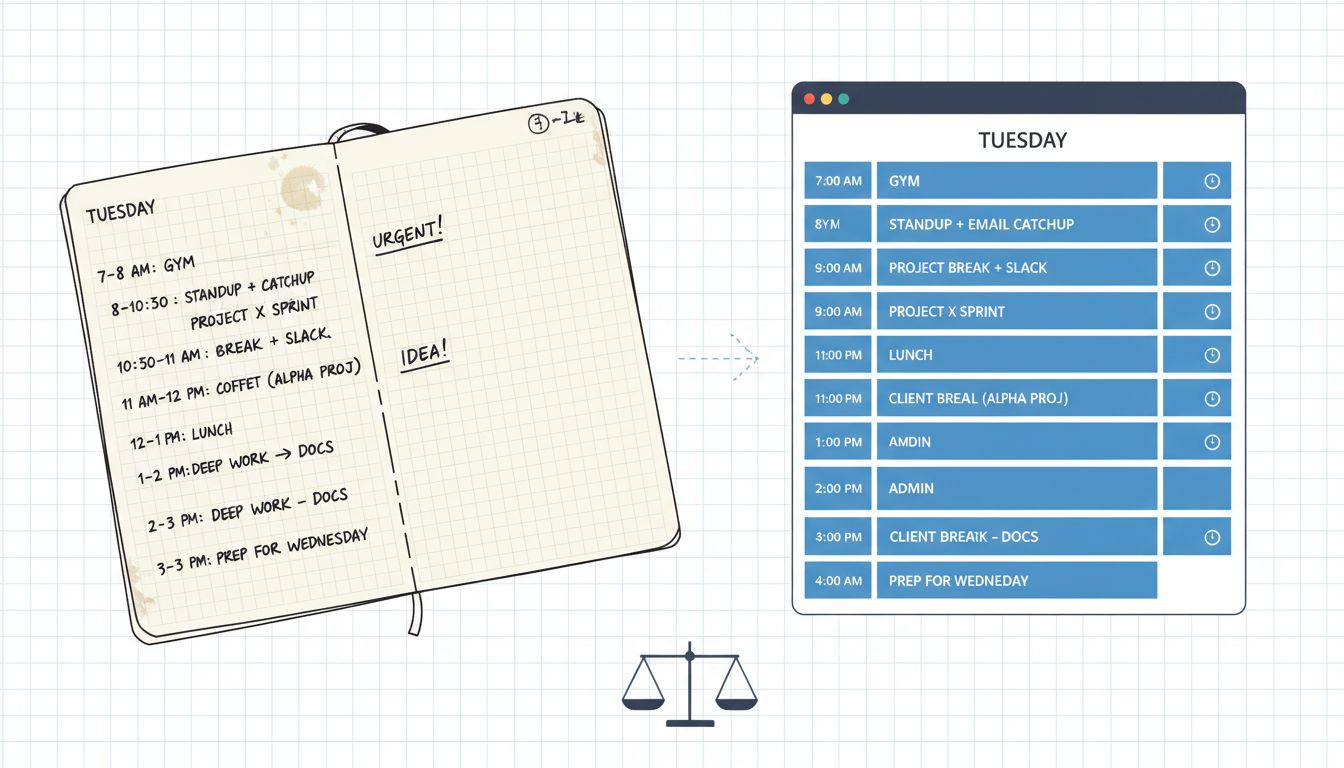 Side-by-side comparison of a paper planner page versus a digital calendar showing how spatial density differs