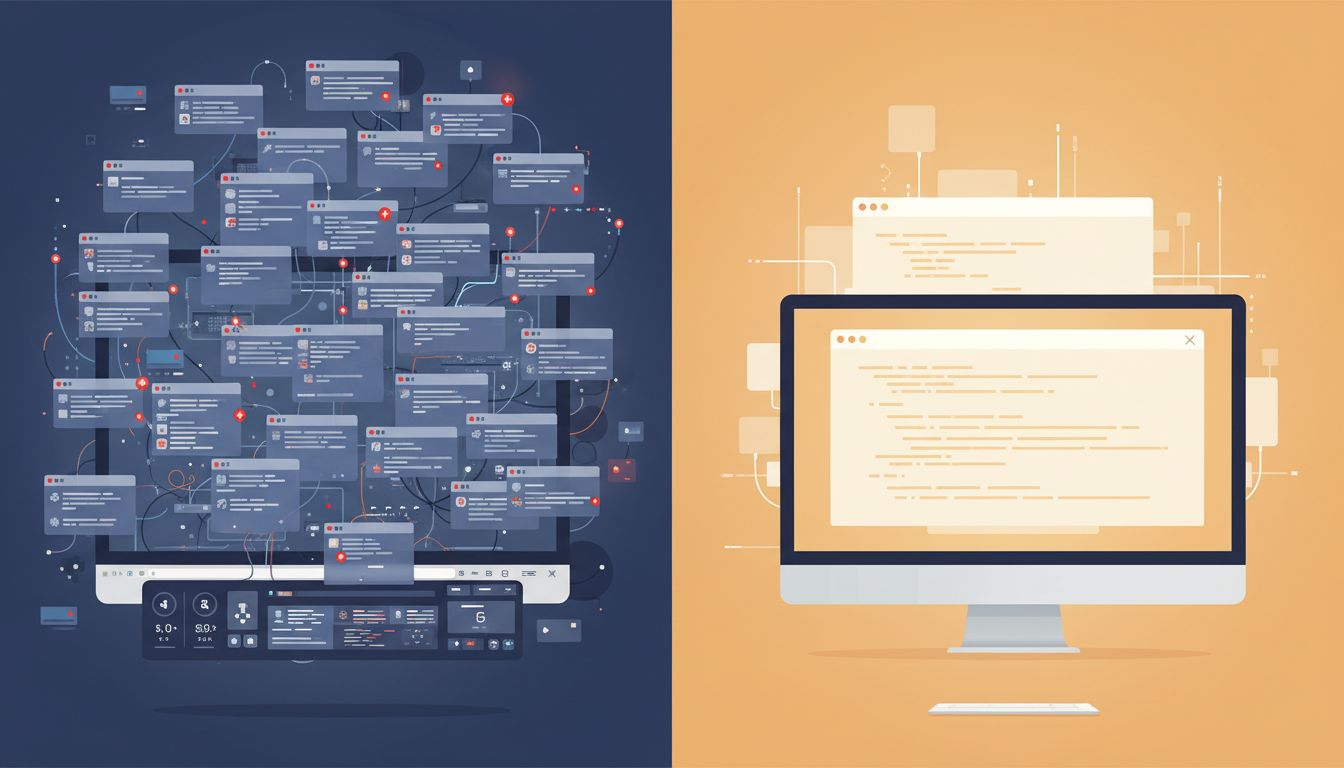 Split-screen comparison of cluttered multi-app desktop versus clean single-app workspace