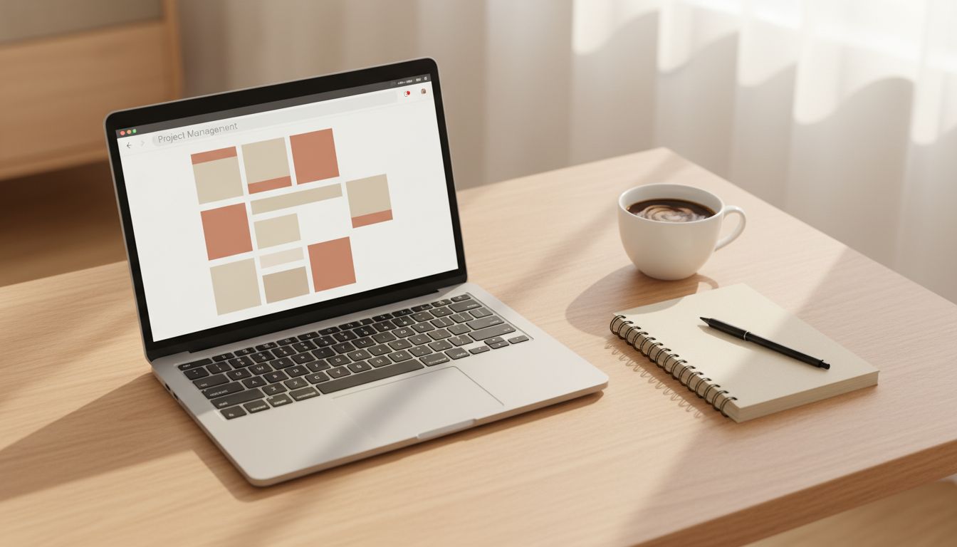 A minimal desk setup with one open laptop app and a notebook, representing intentional single-tasking