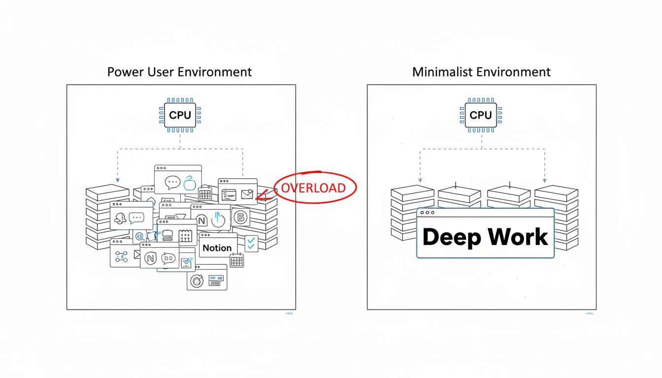 Diagram comparing cognitive working memory usage between a power user environment and a minimalist environment