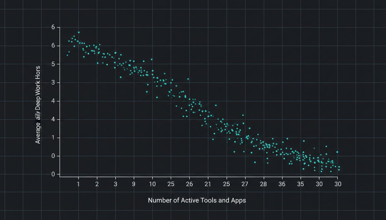 Scatter plot showing inverse relationship between number of active digital tools and average daily deep work hours