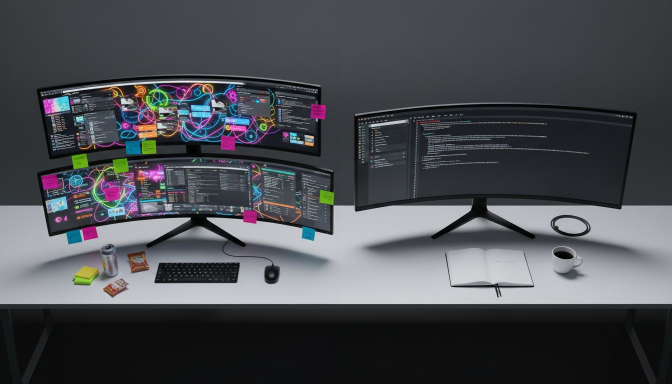 Two contrasting workspaces: one cluttered with multiple screens and notifications, the other minimal with a single terminal window open