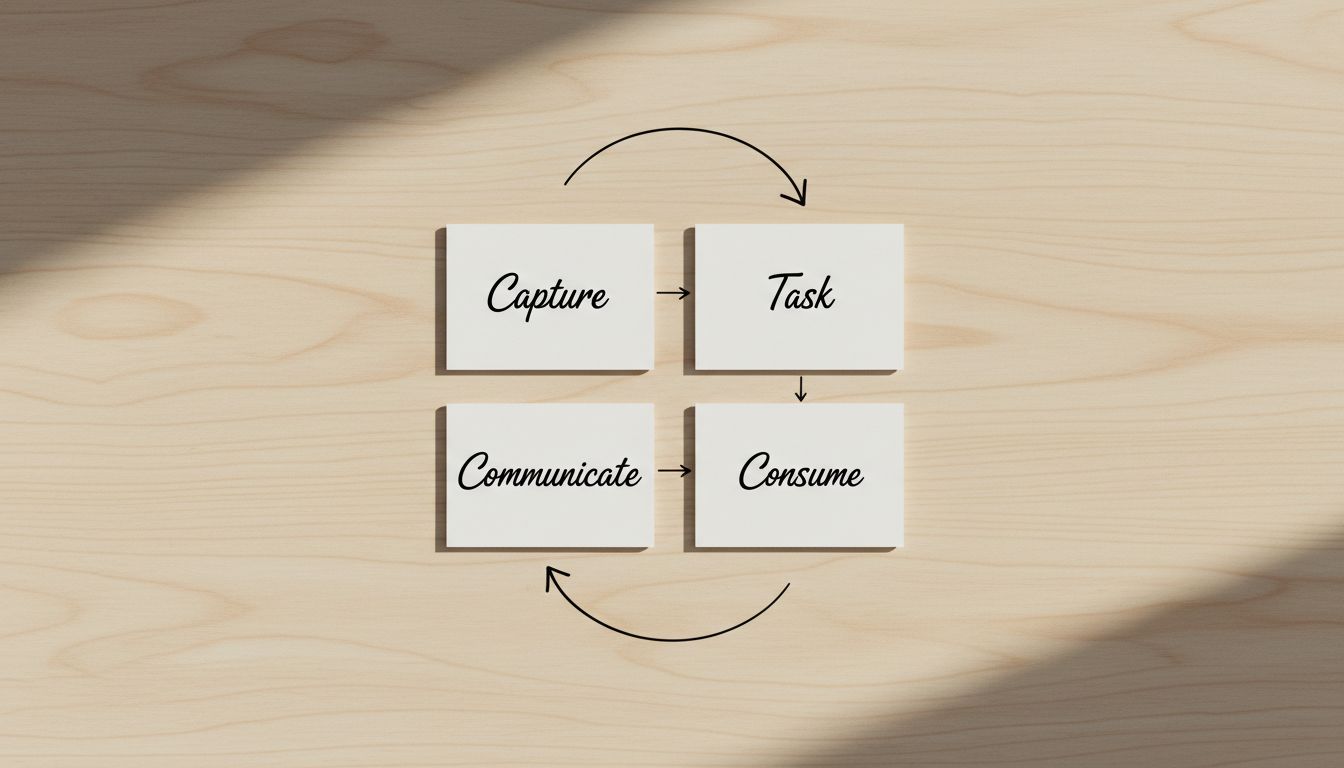 Four-part productivity framework showing Capture, Task, Communicate, and Consume as the only four categories a digital minimalist needs