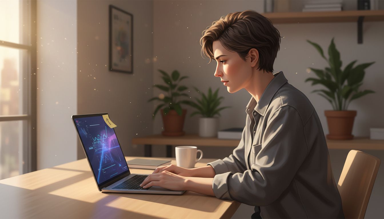 A focused worker at a minimal desk with a single sticky note on their monitor representing one priority task