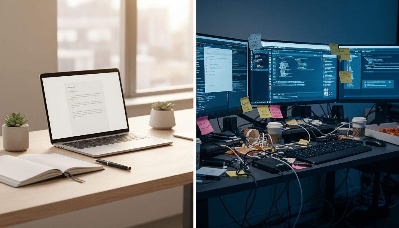 A minimal clean desk setup on the left contrasted with a cluttered multi-monitor productivity app-heavy desk on the right