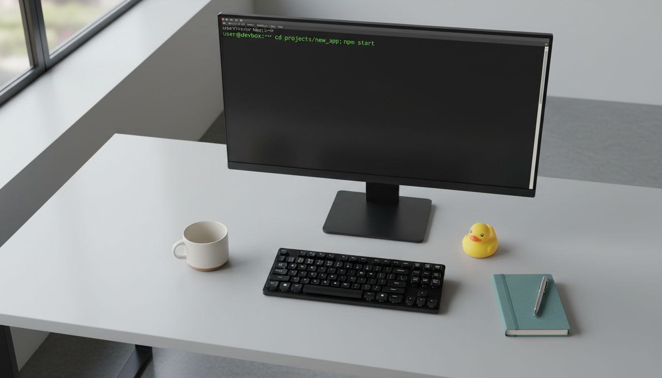 Minimalist developer desk with single monitor, keyboard, notebook, and rubber duck