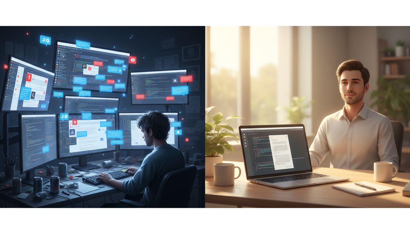 Two developer workstations side by side showing the contrast between a cluttered multi-monitor power user setup and a clean minimal single-screen setup