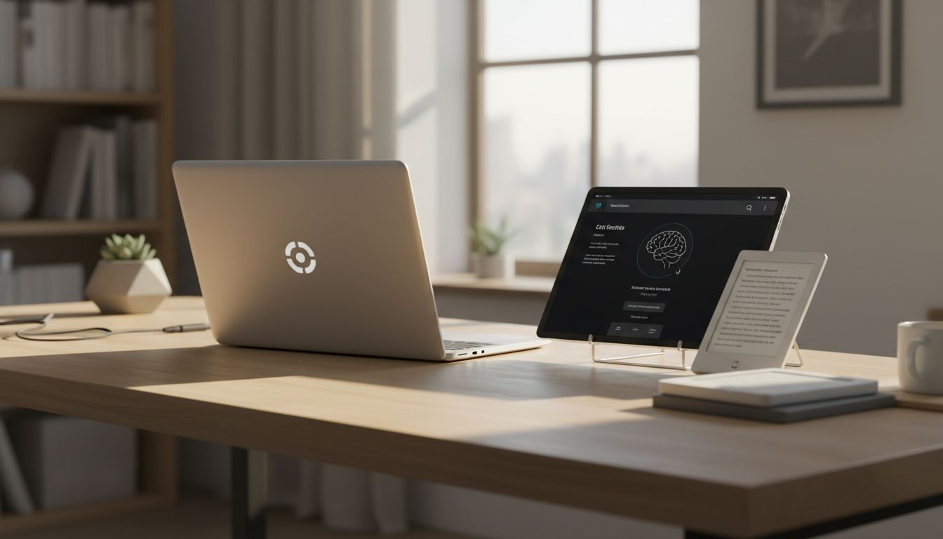 Laptop, tablet, and e-reader arranged on a desk each with a clear single purpose