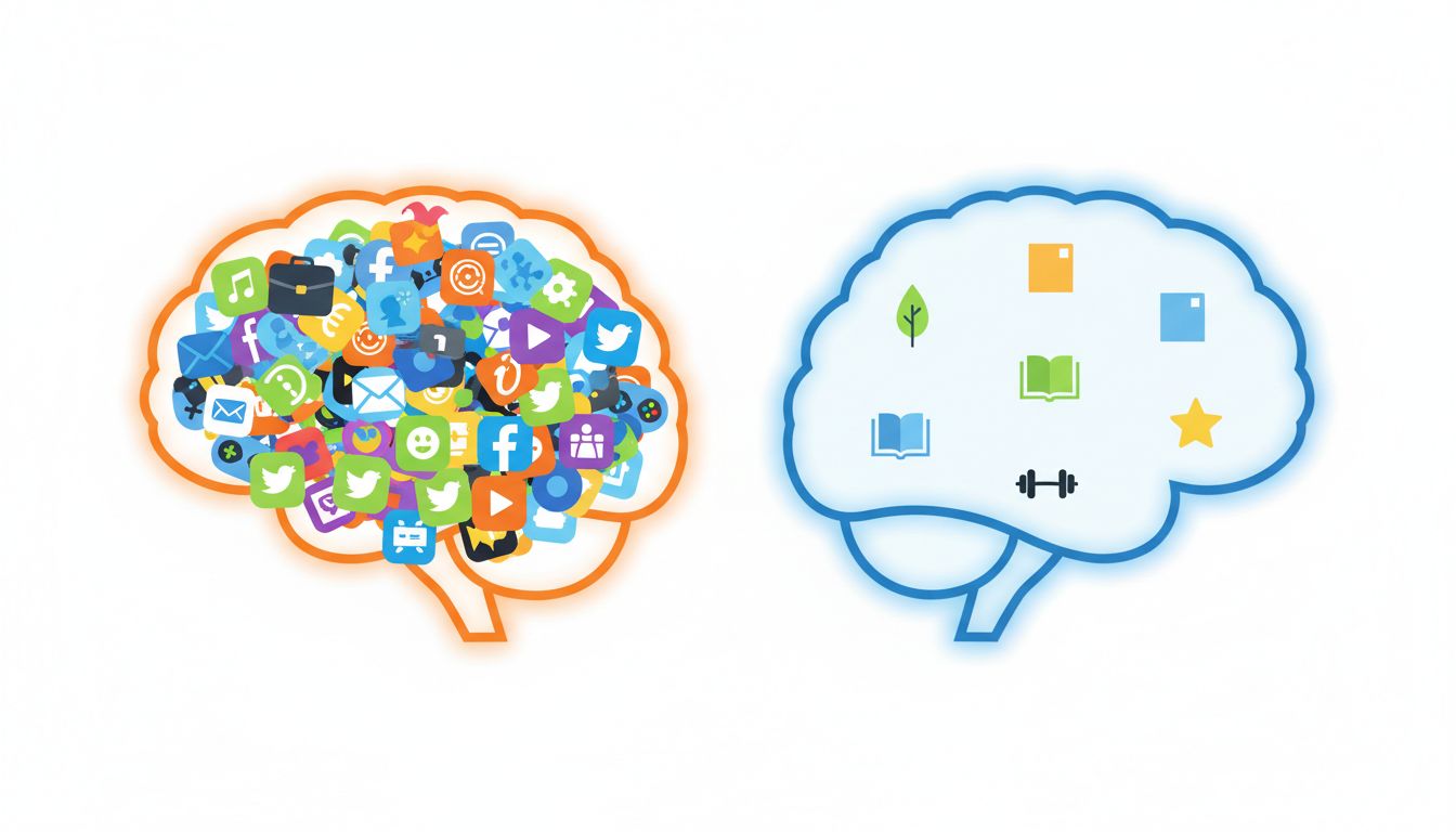 Illustration comparing a cluttered multi-purpose device brain versus a calm single-purpose device brain