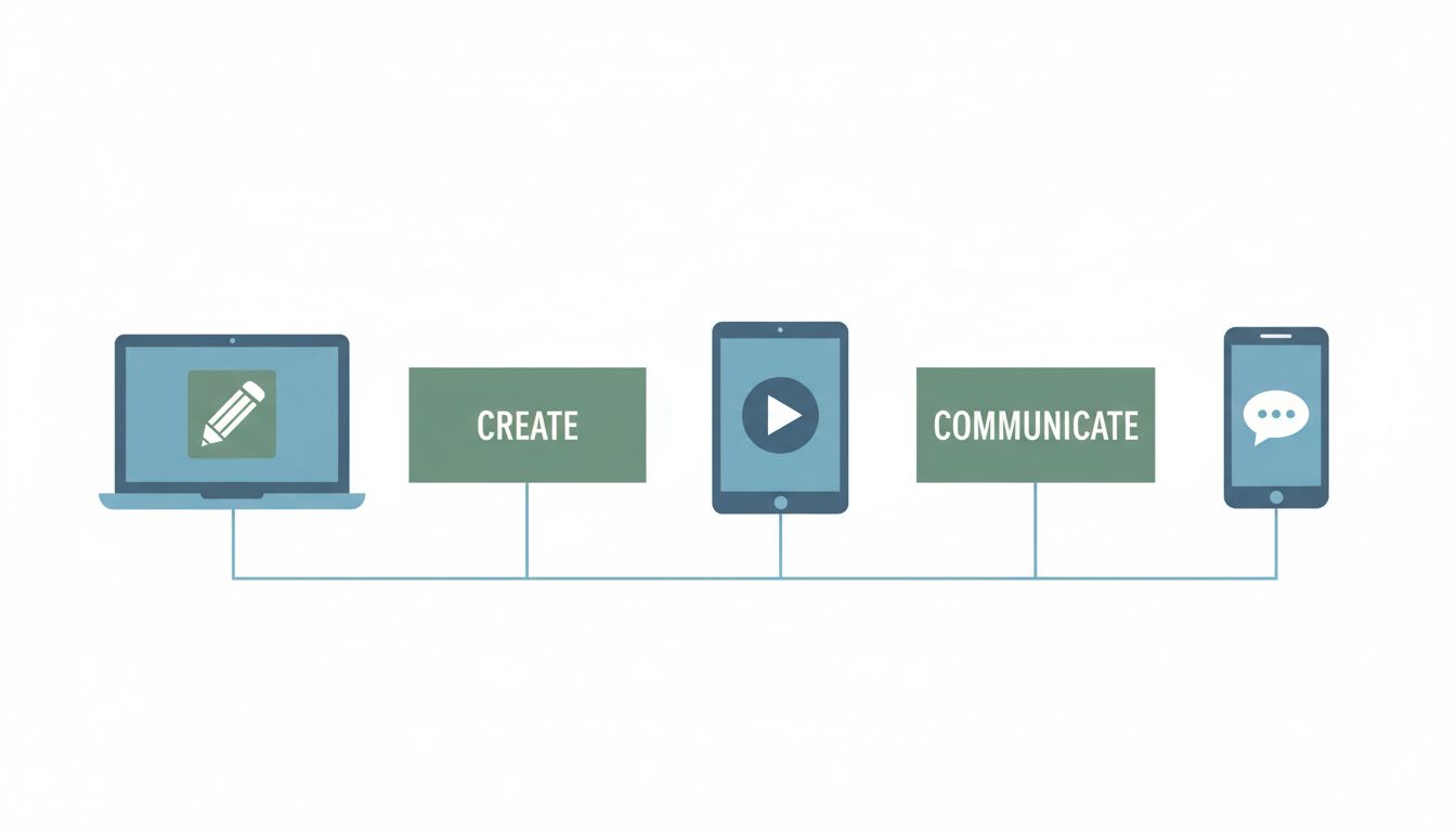 Diagram showing three devices assigned to three distinct roles: Create, Consume, and Communicate