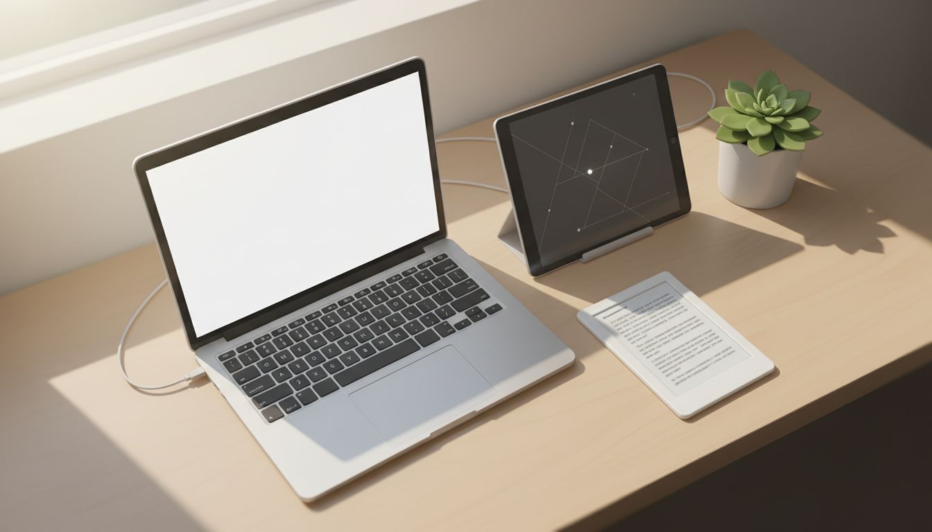 A minimal desk setup with a laptop, tablet, and e-reader each serving a distinct purpose