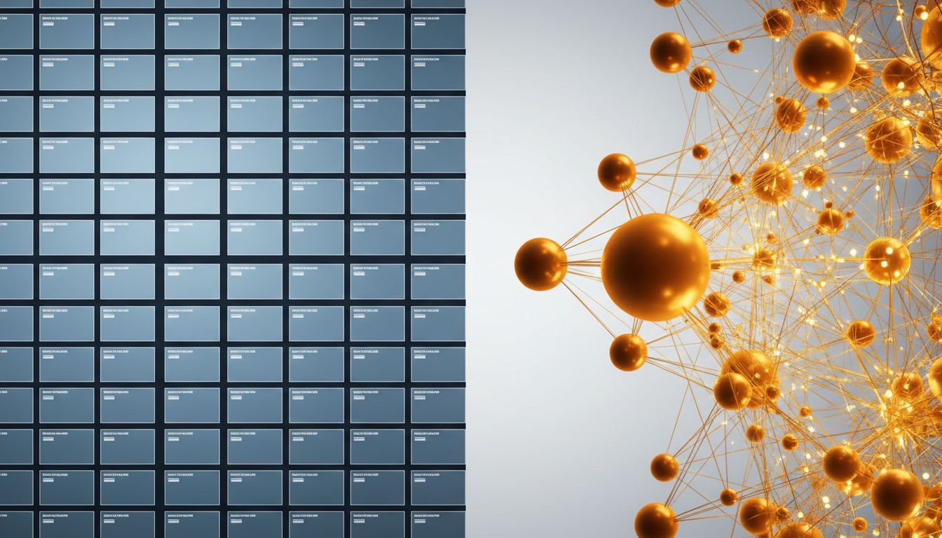 Illustration contrasting a rigid grid filing system with an organic interconnected neural network