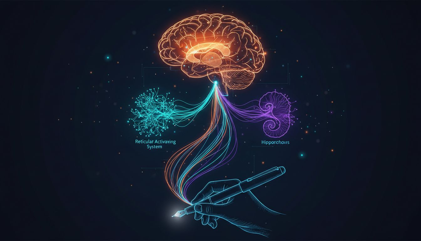 Brain cross-section illustration showing the motor cortex, reticular activating system, and hippocampus connected to the act of handwriting