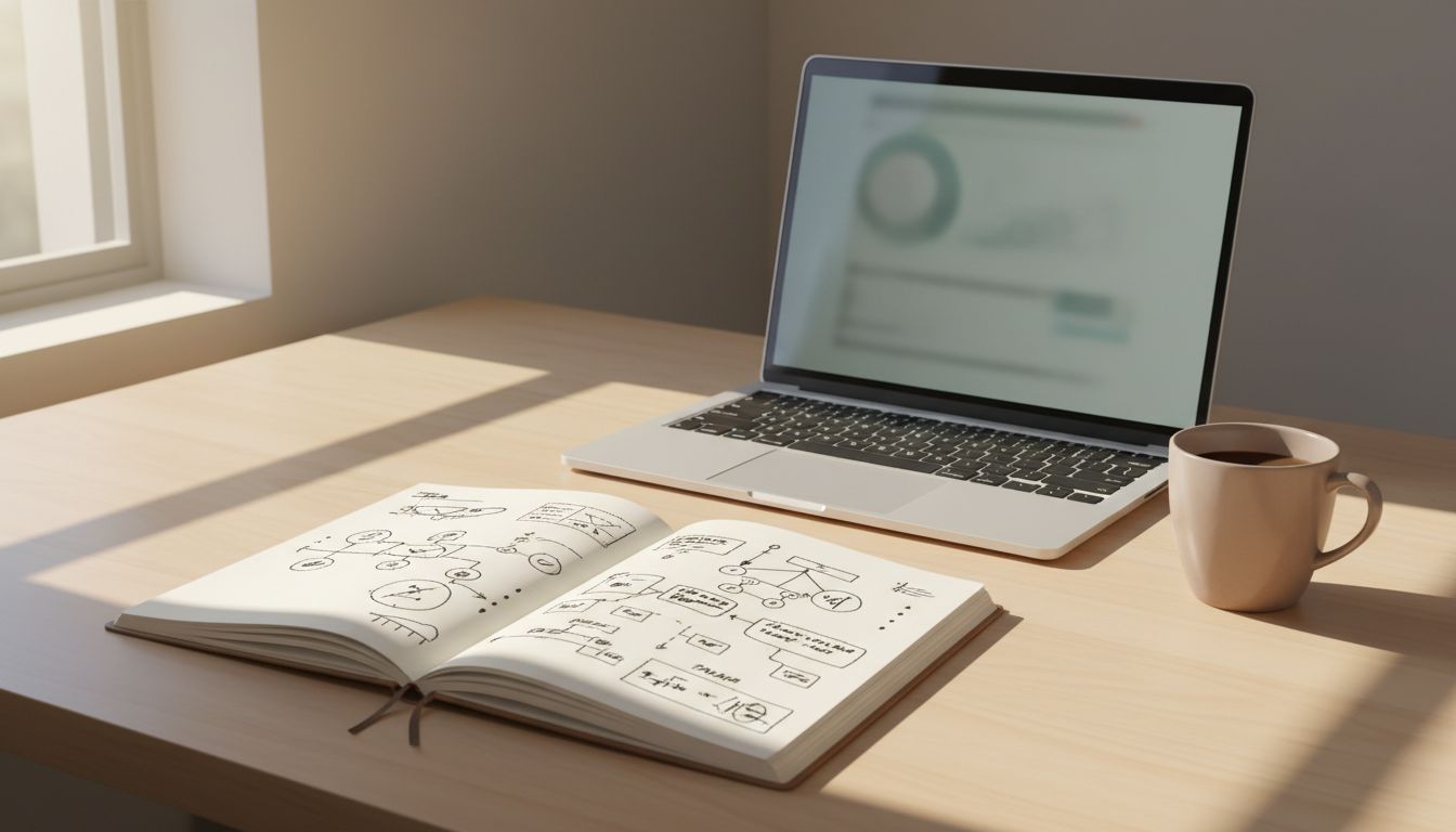 A tidy workspace with both a handwritten notebook and a laptop open side by side, suggesting a hybrid analog-digital workflow