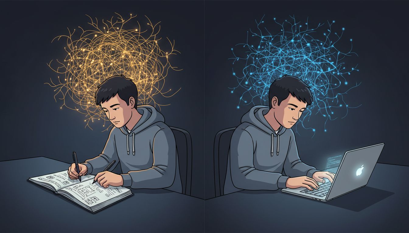 Split illustration comparing neural activity during handwriting versus typing, showing richer brain engagement with pen and paper