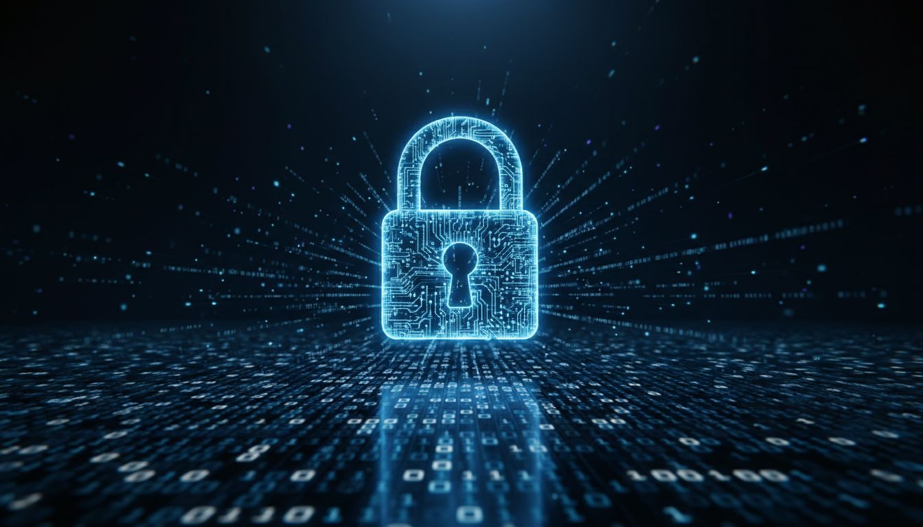 A glowing digital padlock overlaid on an infinite field of binary code, representing artificial scarcity in software