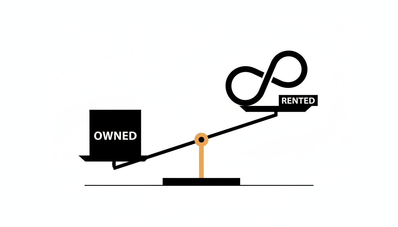 Balance scale comparing ownership and subscription models, with subscription side dominating