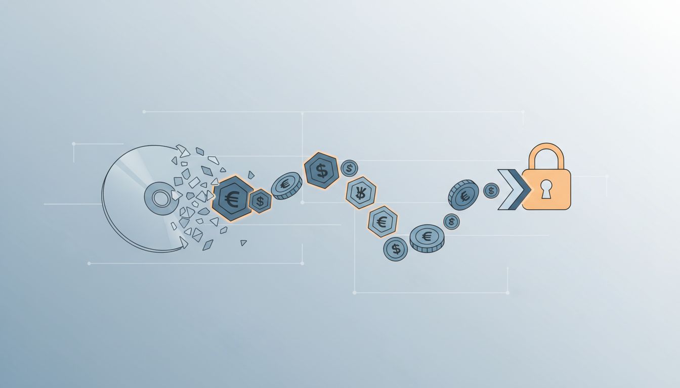 Illustration of physical media dissolving into a locked subscription loop