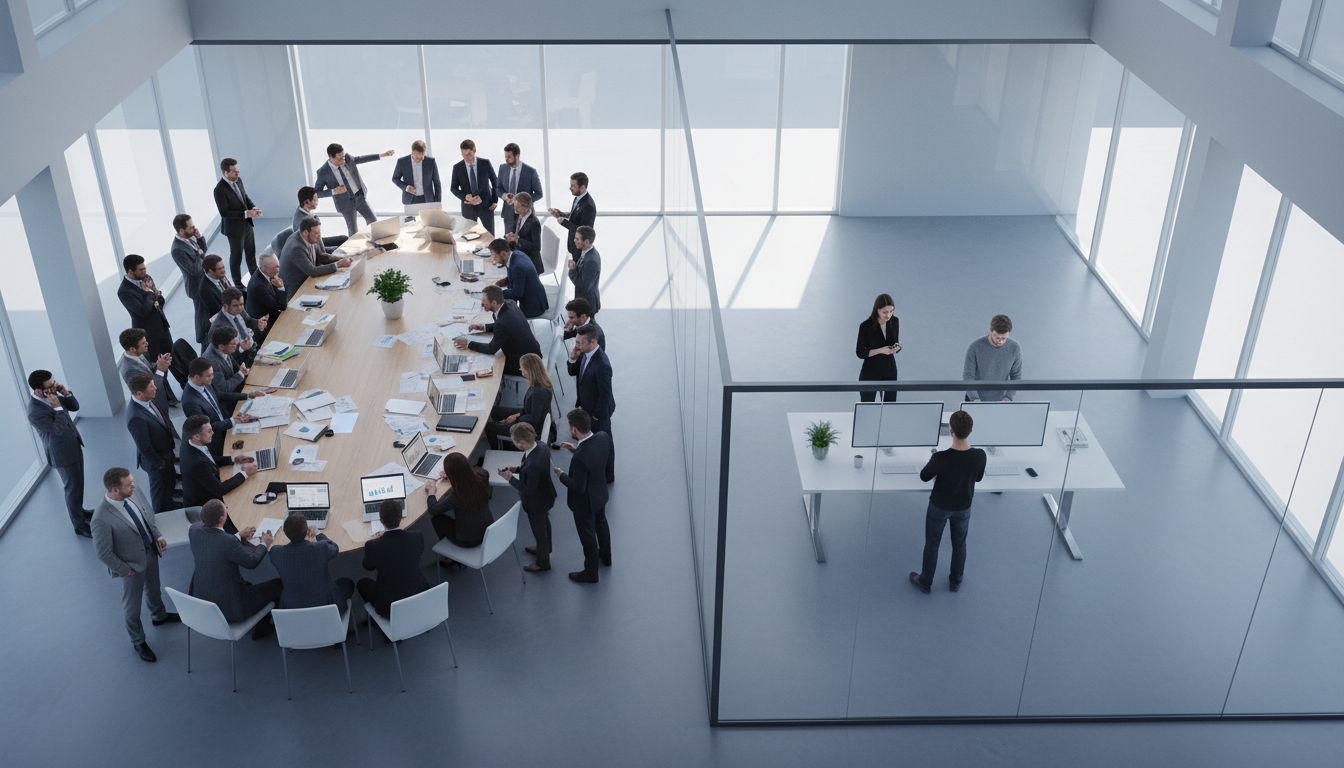 Aerial view contrasting a crowded executive steering committee meeting with a small focused two-person team working nearby