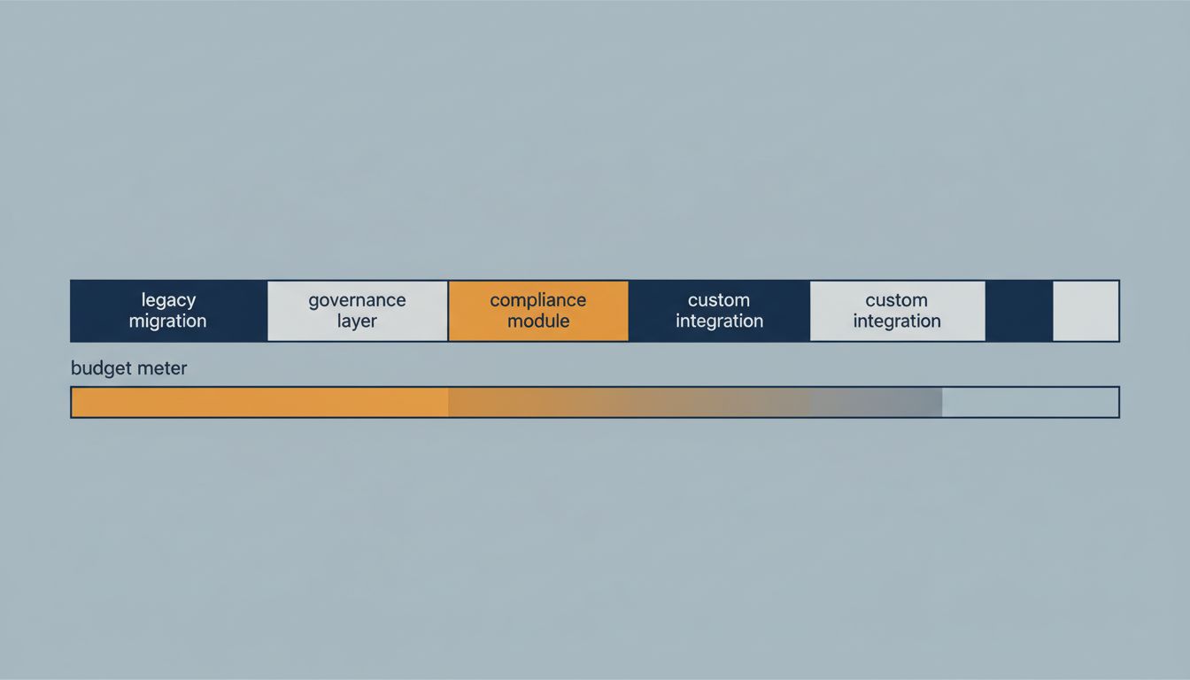Infographic showing a vendor project timeline extending with each added module while the client budget depletes in parallel
