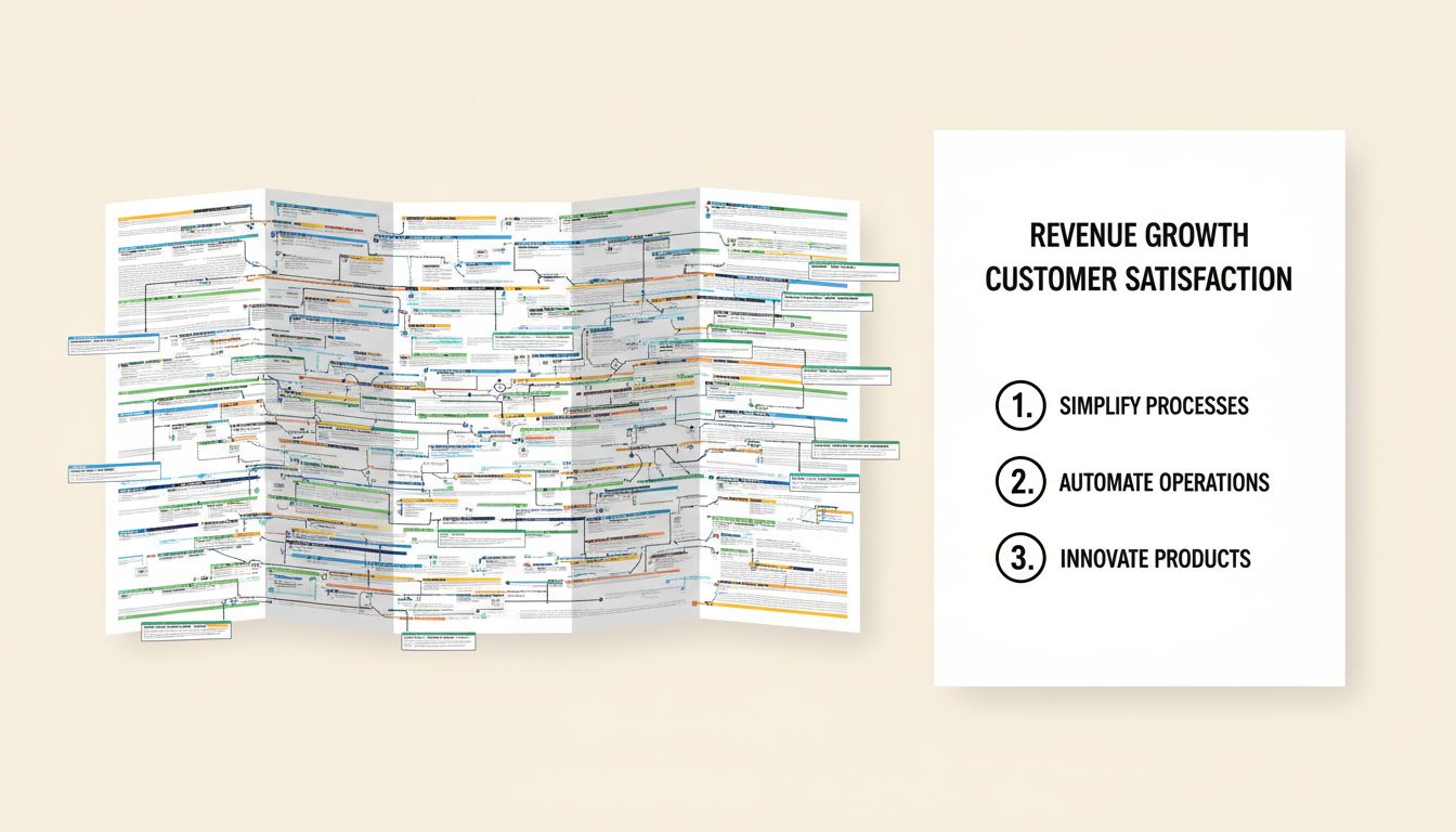 Side by side comparison of a complex enterprise transformation roadmap versus a clean outcome-focused single-page plan
