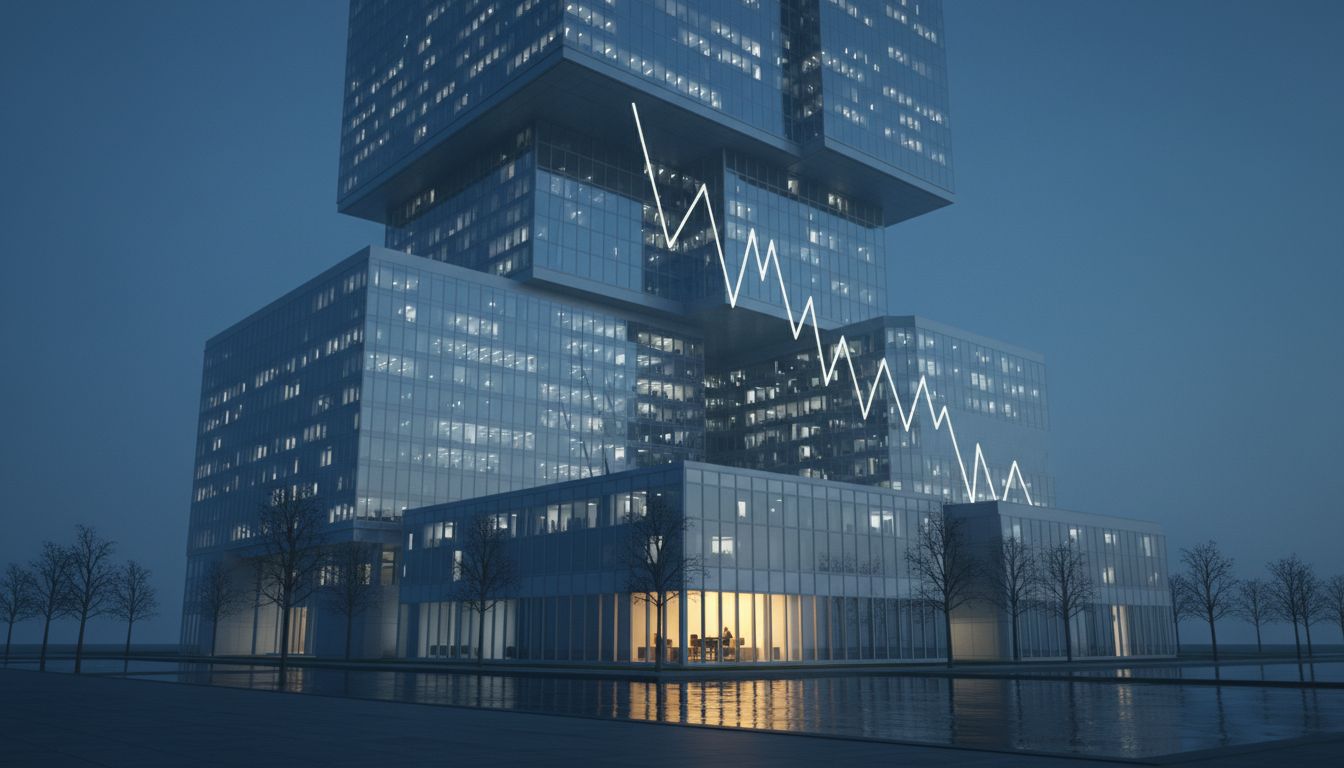 Corporate headquarters building at dusk with office lights forming a downward trend graph pattern