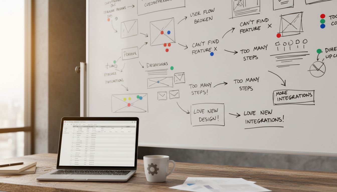 Whiteboard covered in customer research notes and sticky dots next to a laptop in a startup workspace
