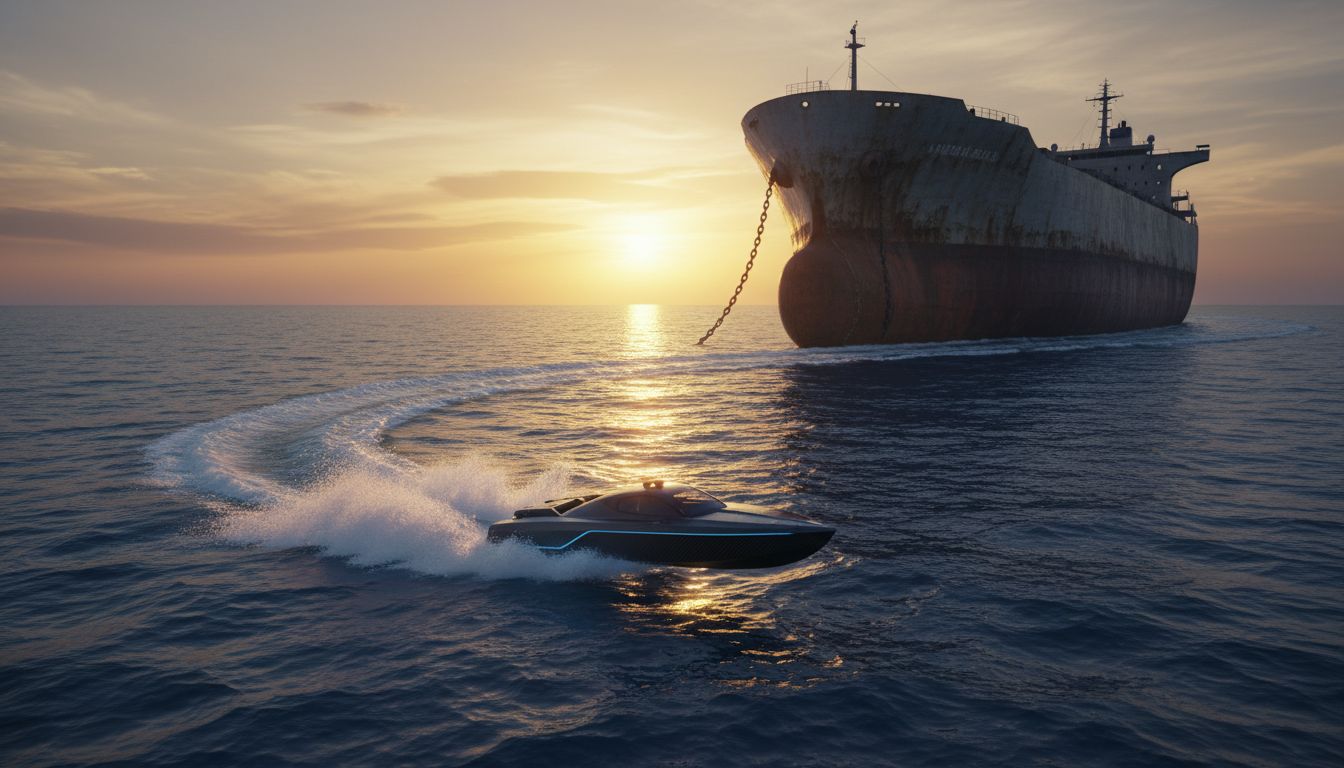 A small speedboat moves freely through water while a large cargo ship sits anchored behind it, representing startup agility versus enterprise scale