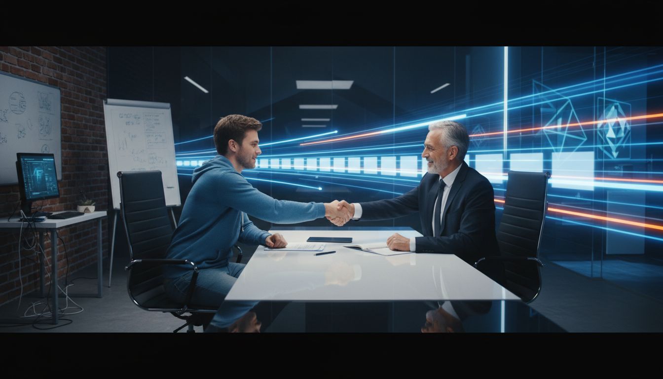 Two founders shaking hands representing a strategic partnership that accelerates startup development timelines