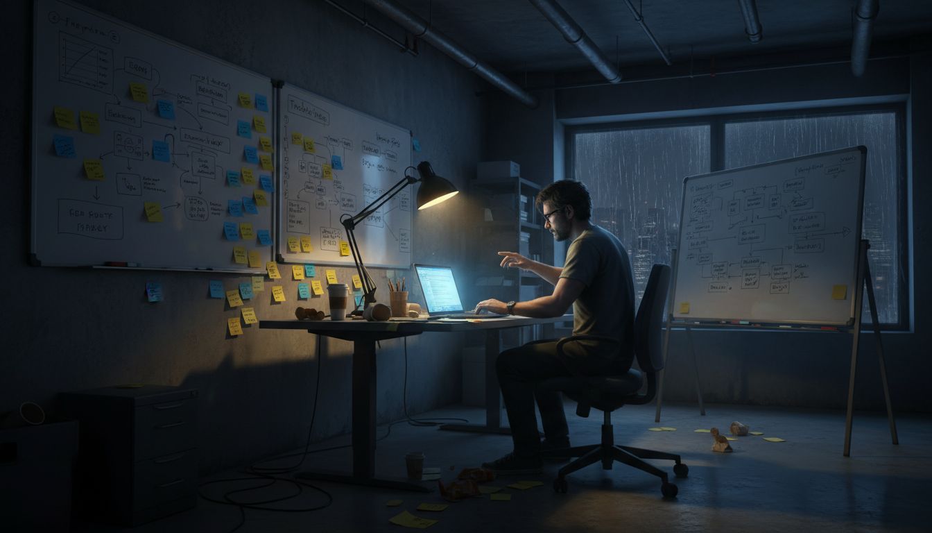 Startup founder working late surrounded by whiteboards and sticky notes representing strategic planning under constraints