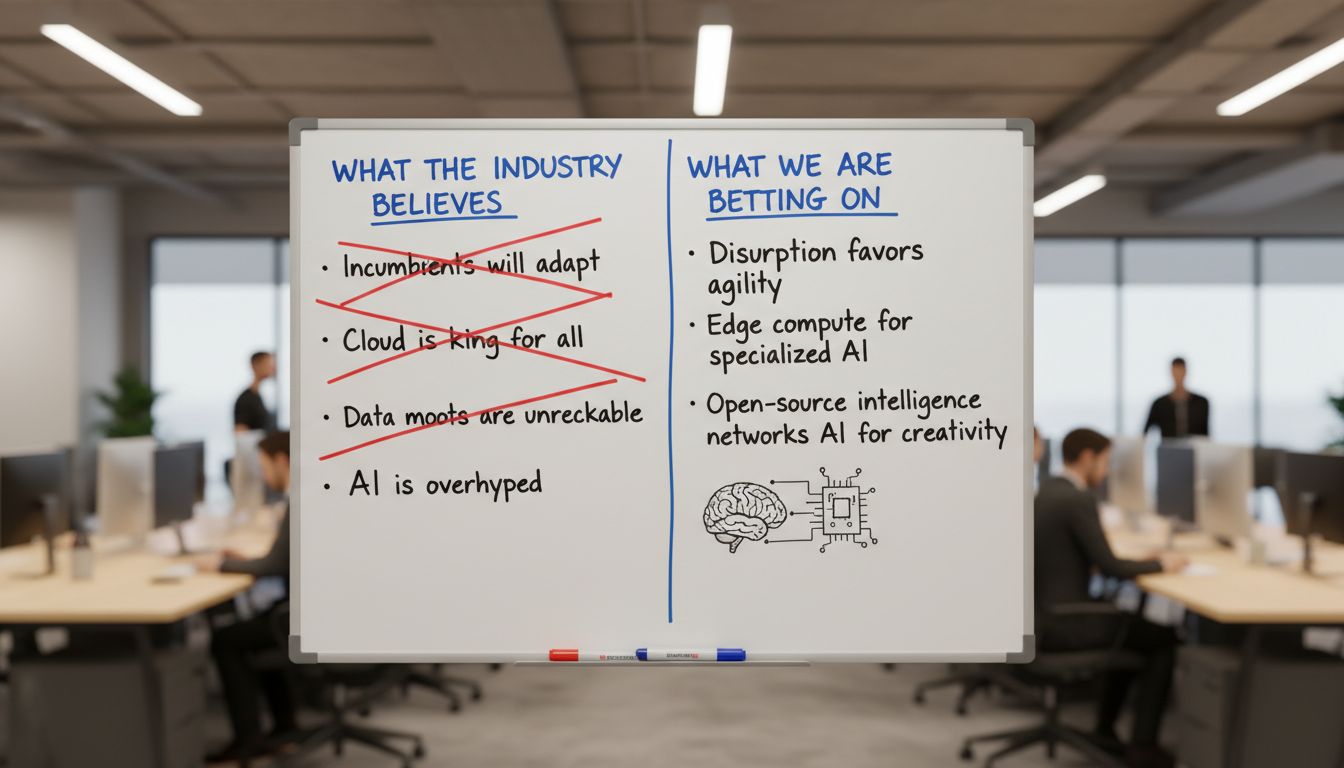 Startup whiteboard showing rejected industry assumptions versus new strategic bets