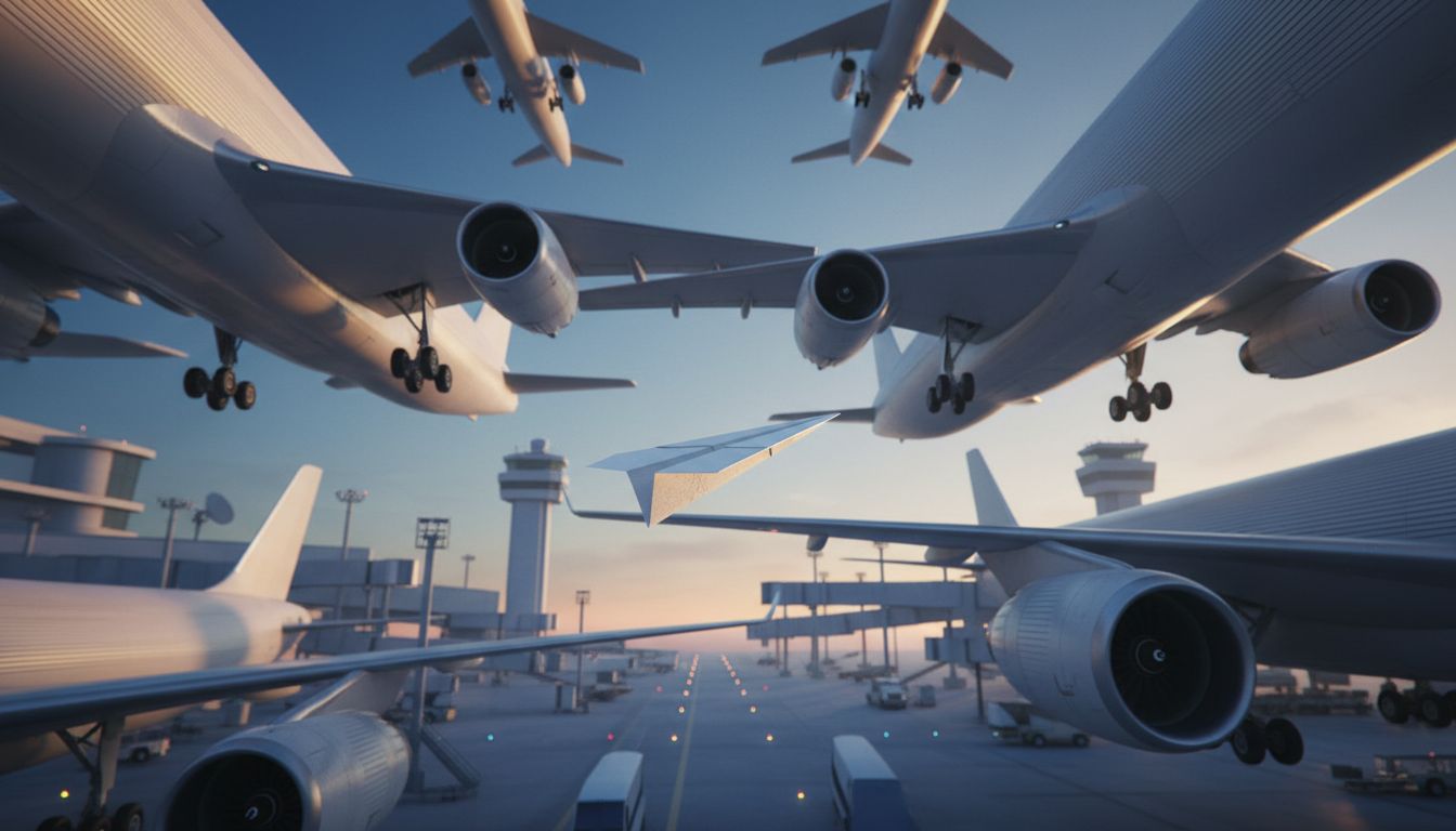 A small paper airplane navigating through large aircraft, symbolizing startup agility against incumbents