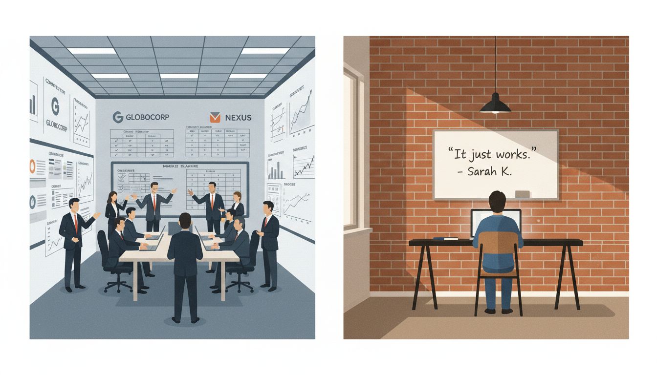 Corporate war room full of competitive analysis contrasted with a simple startup workspace focused on customer problems