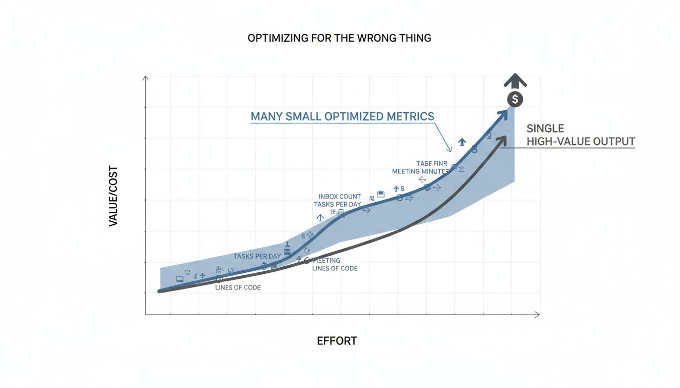 Graph illustration contrasting optimization of superficial metrics versus meaningful output