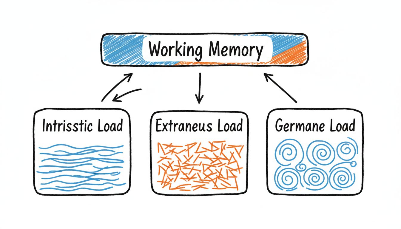 Diagram showing three types of cognitive load filling a working memory capacity bar