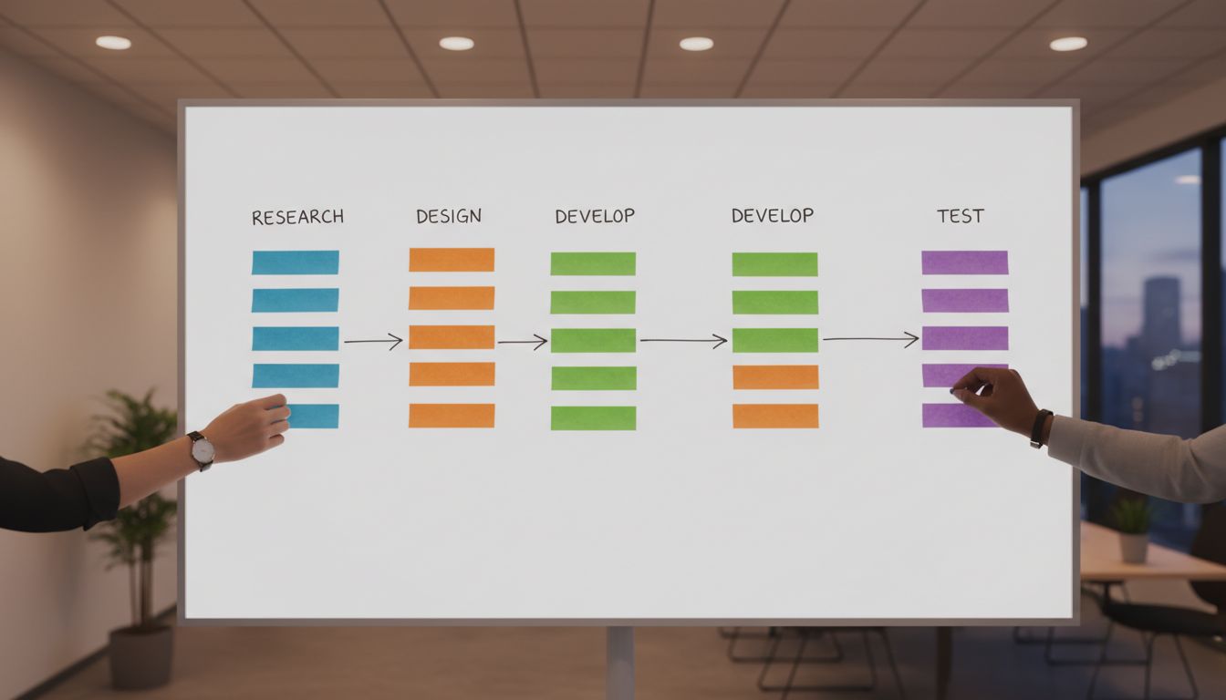Team collaborating around a clean, organized whiteboard workflow diagram