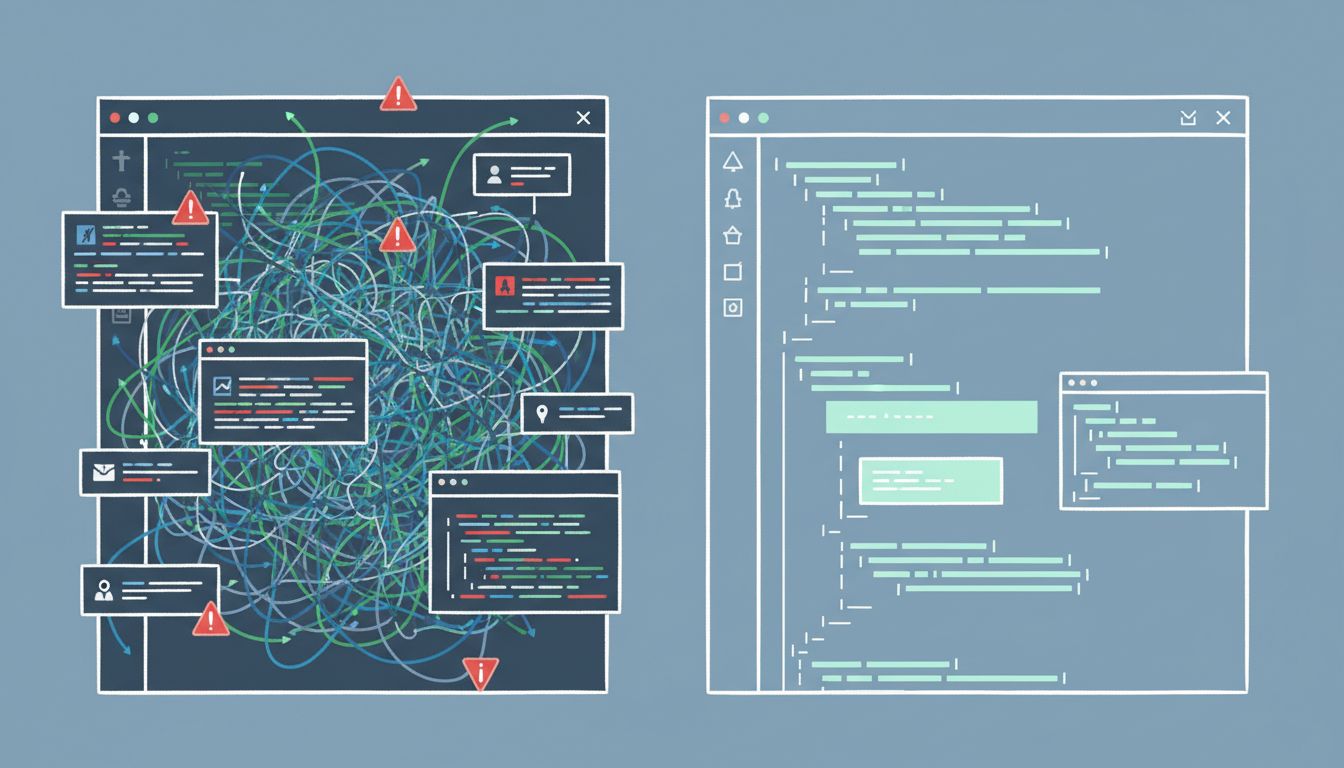 Split screen showing chaotic versus clean software development environment representing cognitive load contrast
