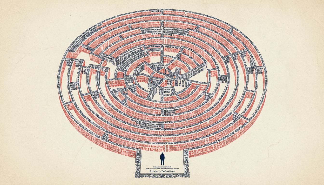Aerial view of a maze made of contract text with no visible exit