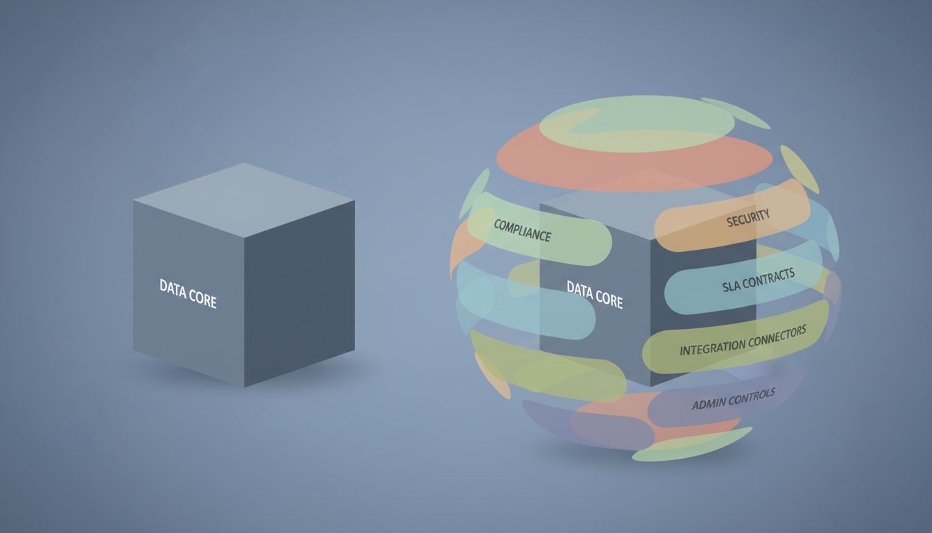 Illustration showing a simple consumer app core surrounded by many enterprise requirement layers making it much larger