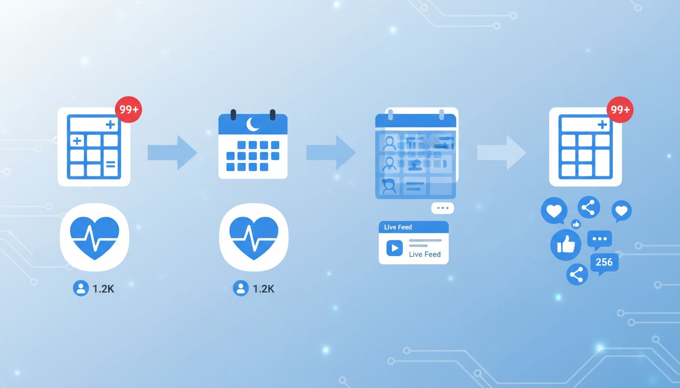 App icons transforming from simple utility tools into social networks with feeds and follower counts