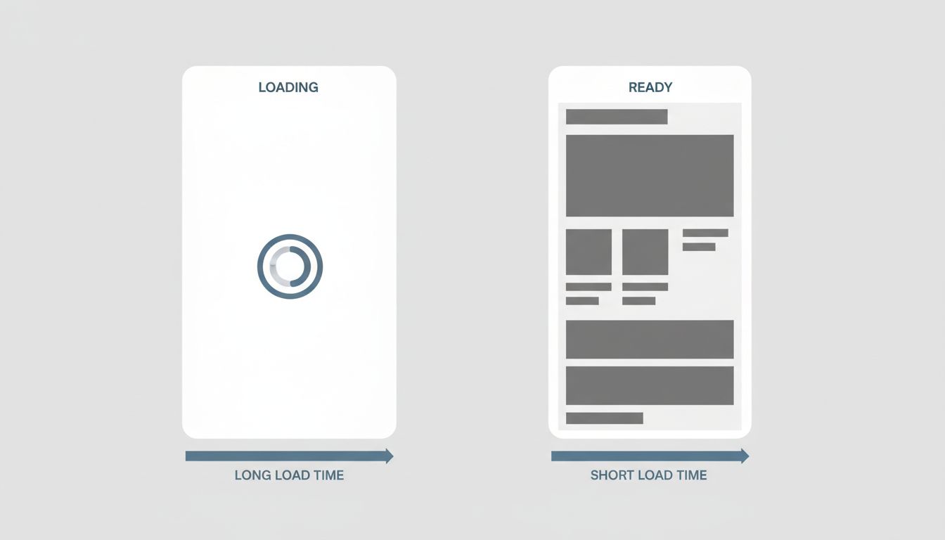 Diagram comparing a blank loading spinner to a skeleton screen layout, showing the difference in perceived load time
