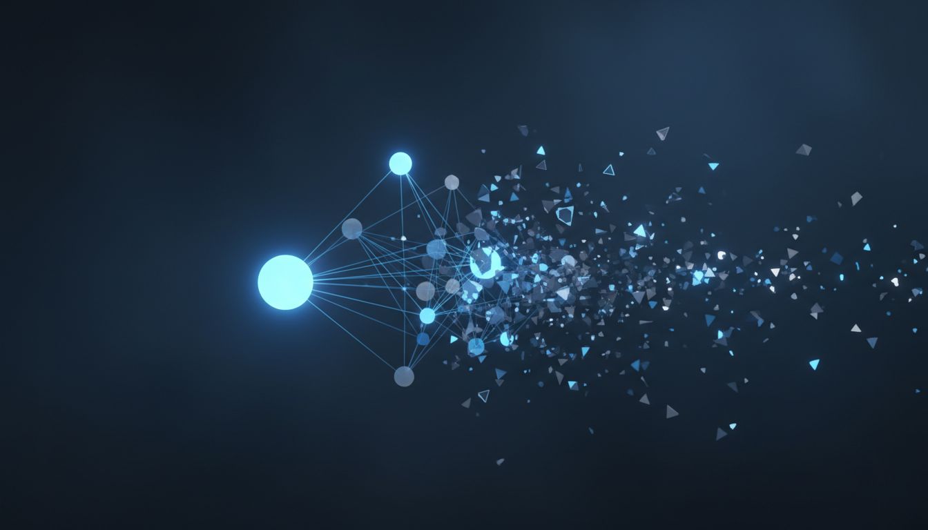 An abstract illustration of an interconnected network of nodes dissolving and fragmenting, representing the collapse of working memory during an interruption