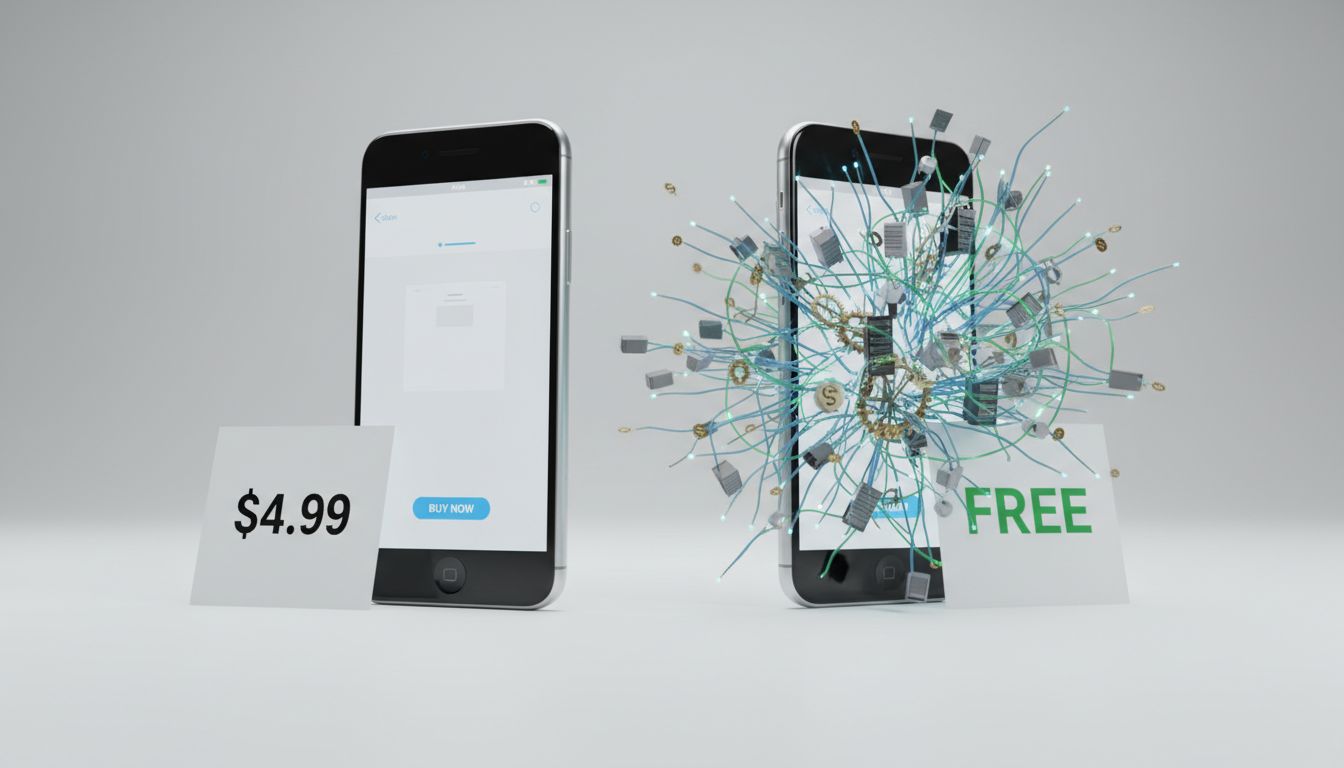 Two smartphones side by side illustrating that a free app has far more hidden complexity and cost than a paid app
