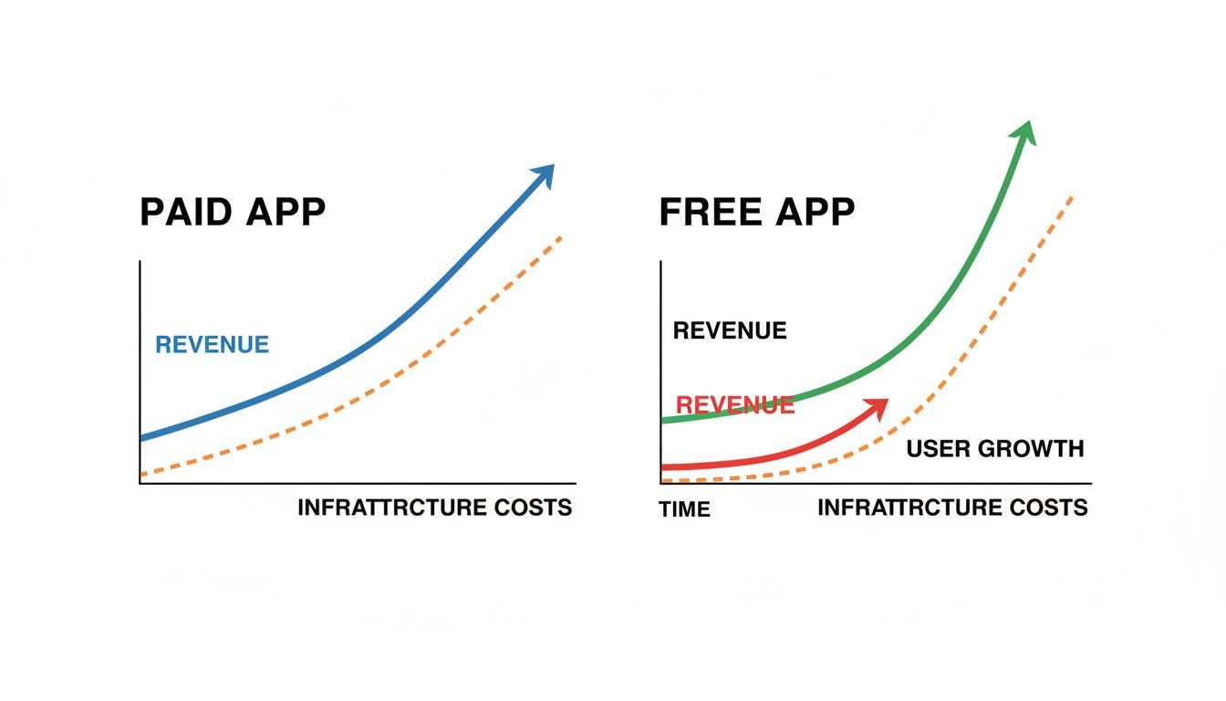 Graph showing how free app infrastructure costs scale with users while revenue lags far behind