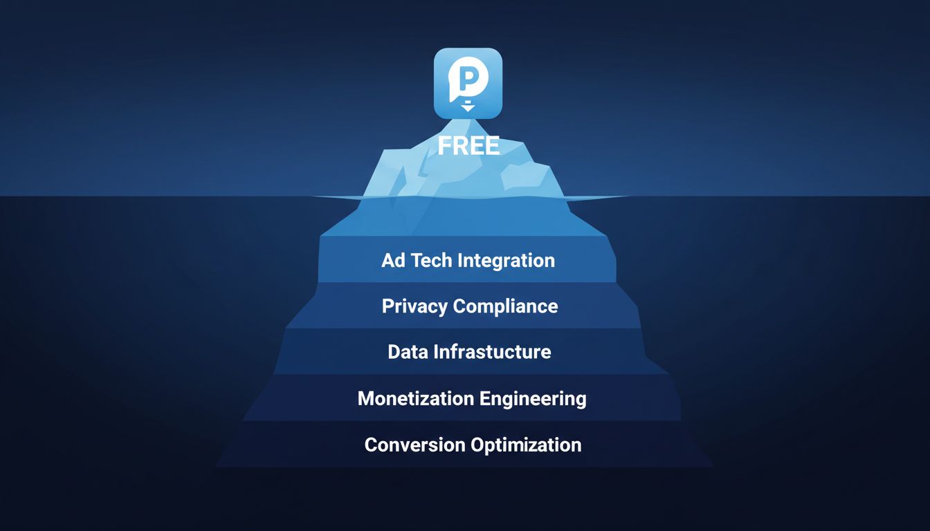Iceberg diagram showing the vast hidden costs beneath a free app's simple surface