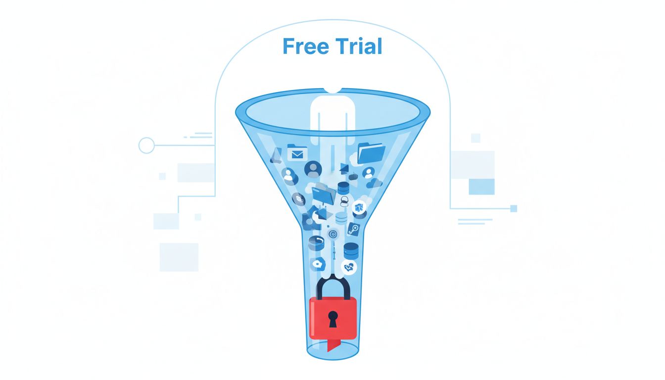 Illustration of a free trial funnel where switching costs accumulate and exit becomes progressively harder