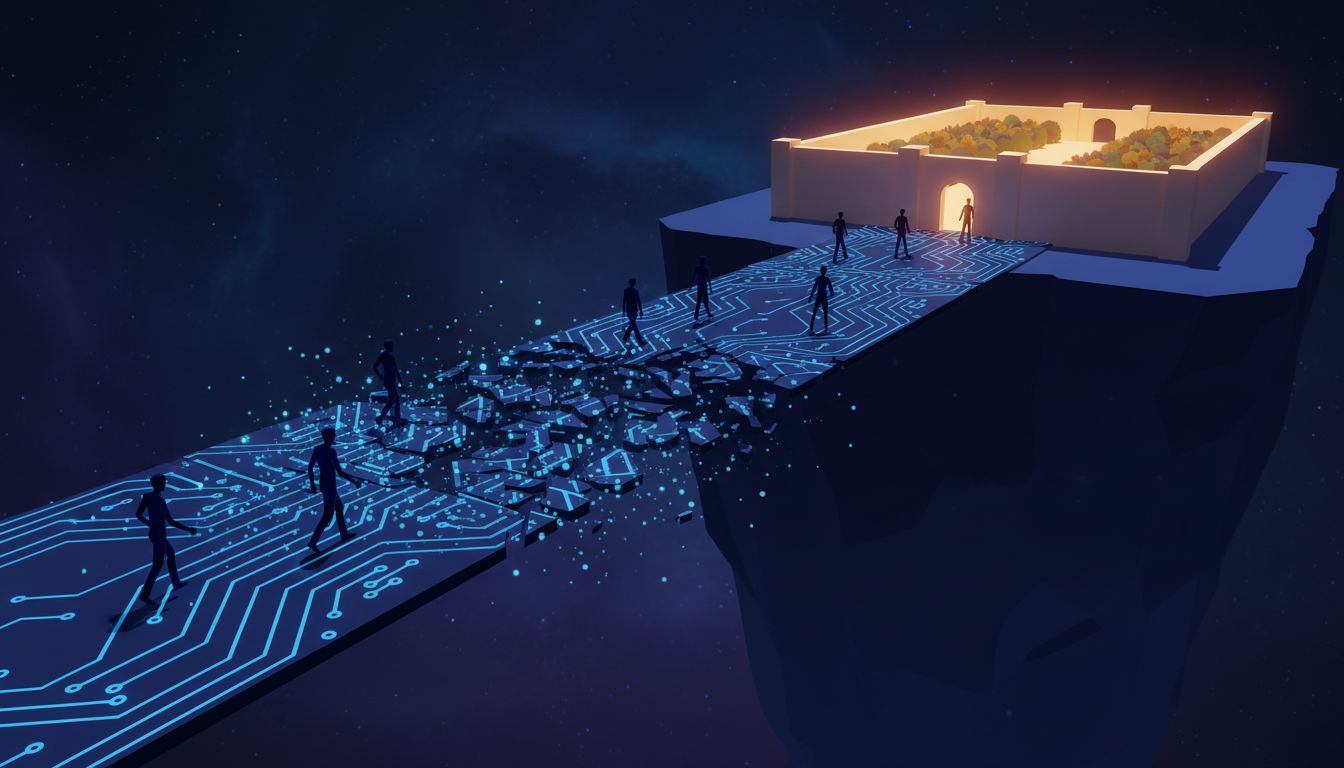 An illustration of a dissolving bridge leading toward a walled garden, representing deliberate product obsolescence as a migration strategy