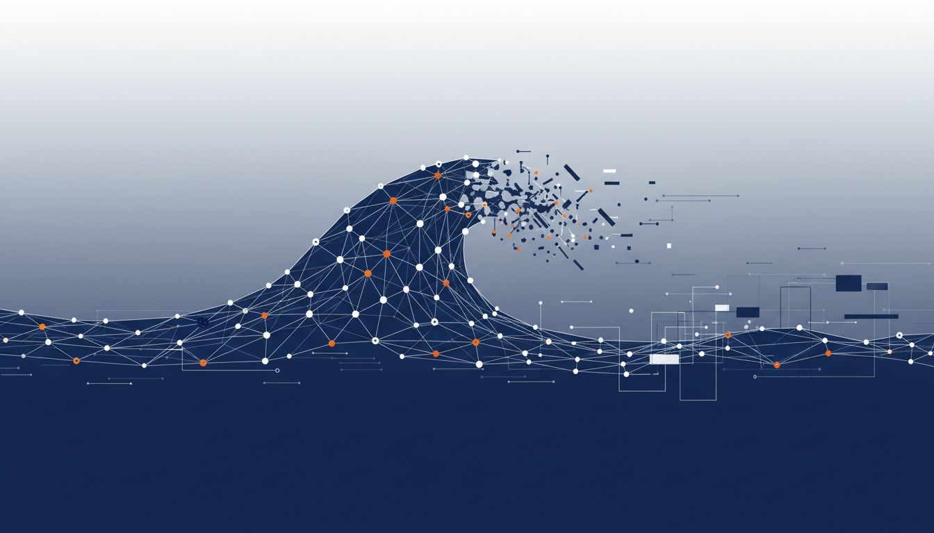 Abstract illustration of a wave shape made from network nodes, dispersing and reconnecting into new structures