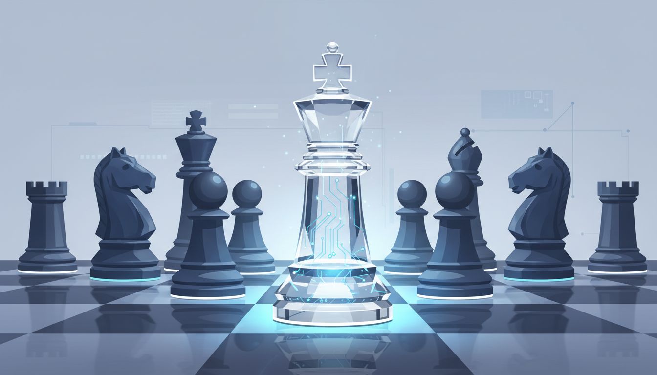 A transparent chess piece on a board, circuit patterns visible within it, surrounded by stronger winning pieces, illustrating deliberate strategic sacrifice