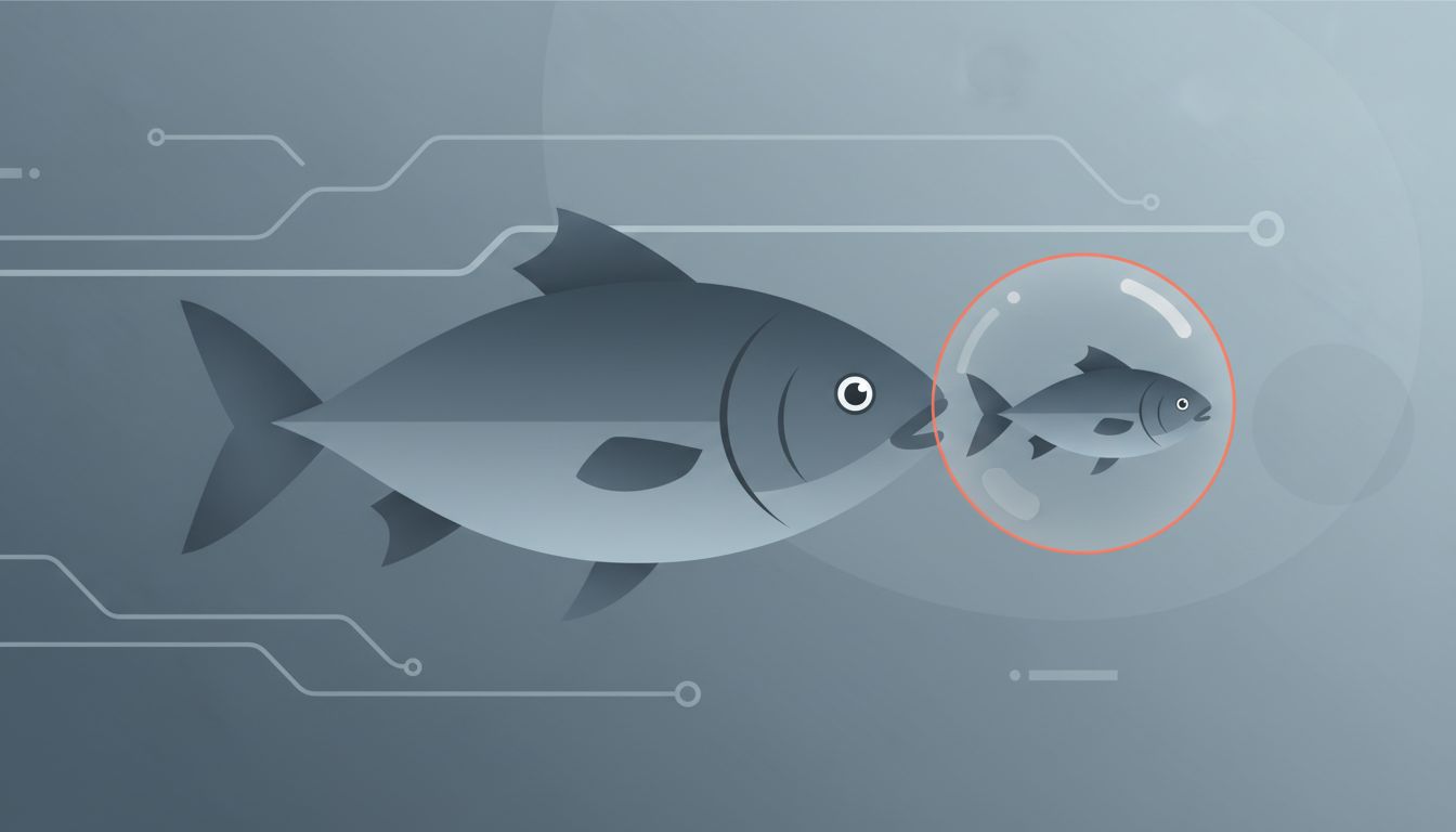 Illustration of a large fish propelling a small fish forward, representing corporate investment in potential competitors